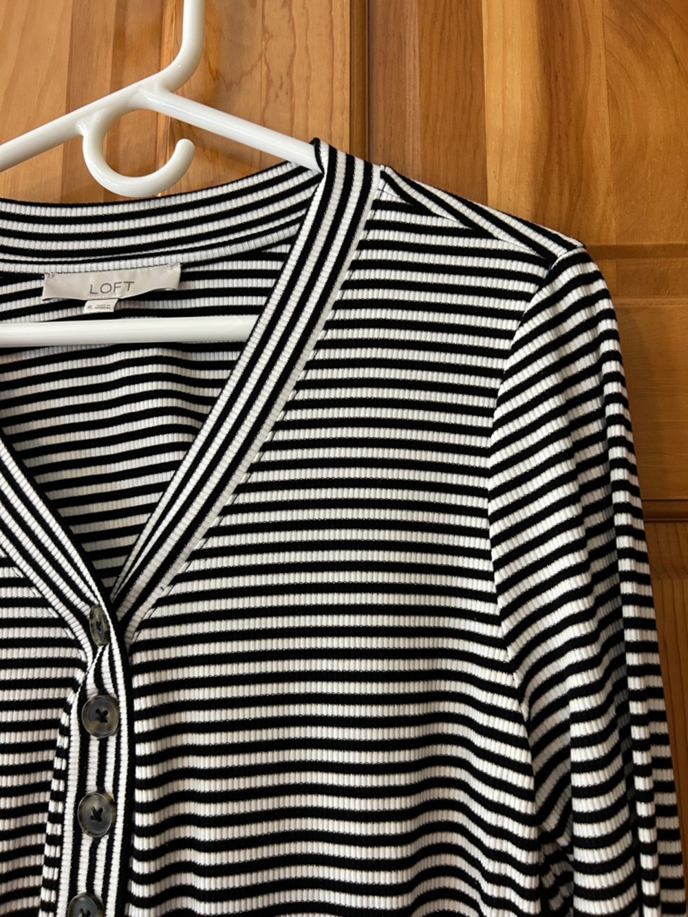 LOFT Black and White Striped Ribbed Button-Front Shirt